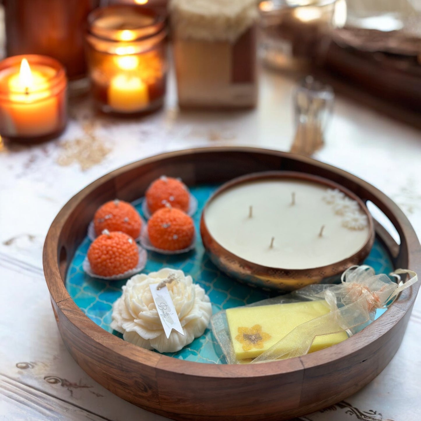 Sustainably Radiant Hamper ft acacia wood turquoise dream tray and aromatic candles