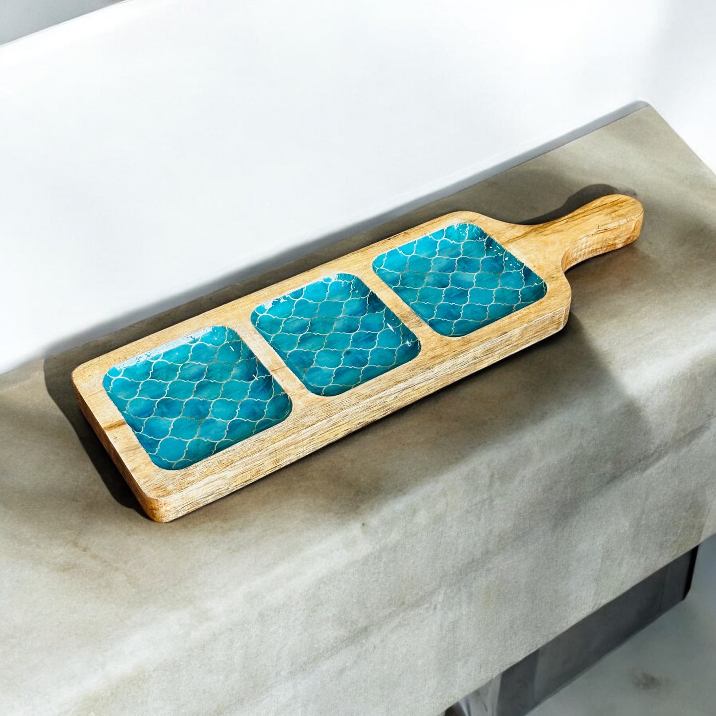 Meraki Turquoise Dream Mango Wood Three Part Platter - single