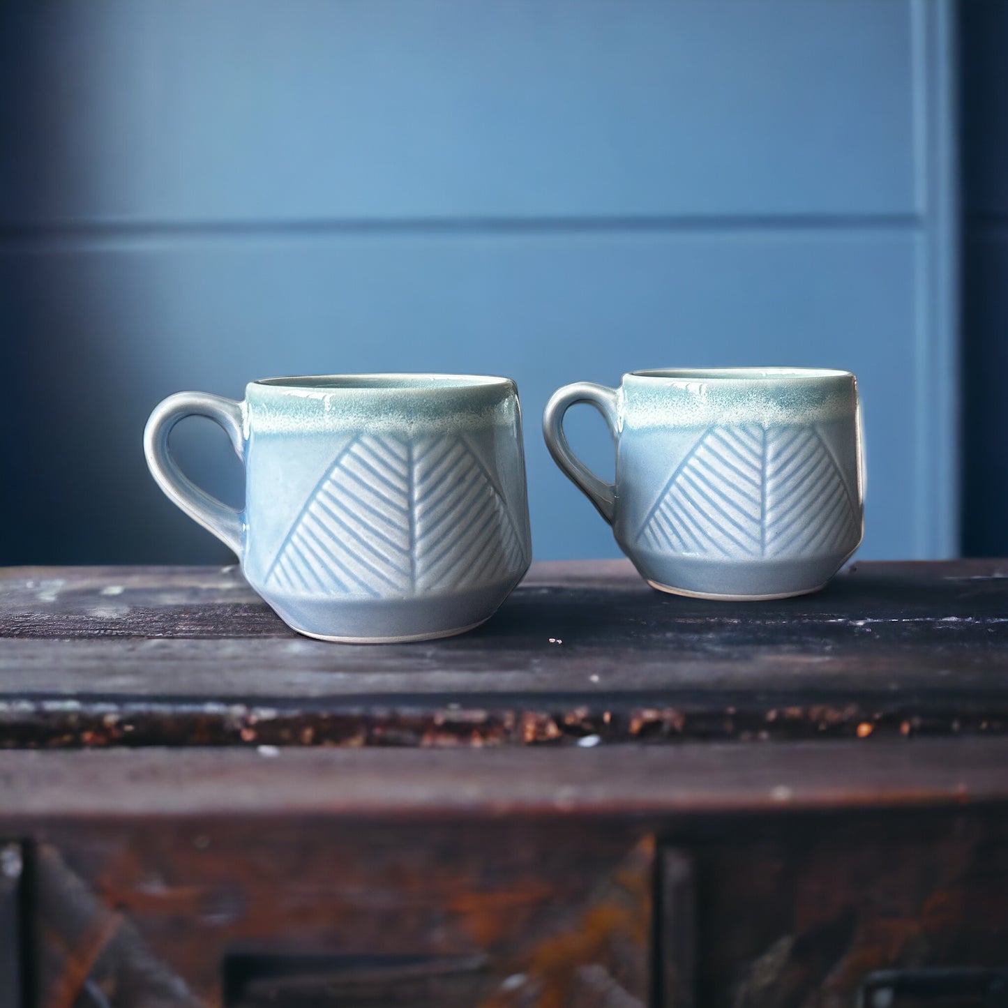 Seaside pastel leaf embossed short mugs – set of two
