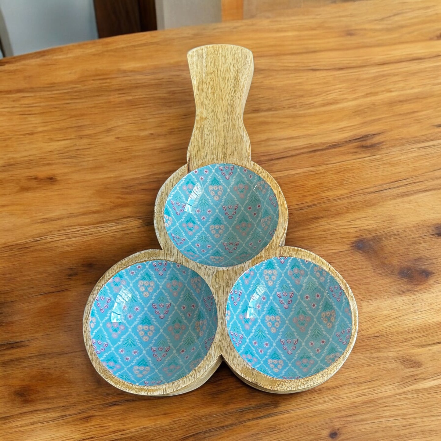 Meraki all-wood Botanical Bliss three-bowl platter - single