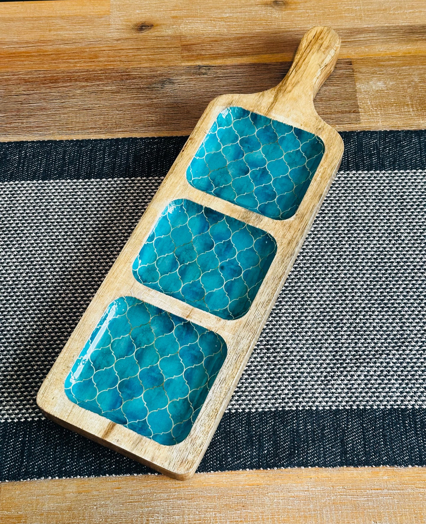 Meraki Turquoise Dream Mango Wood Three Part Platter - single