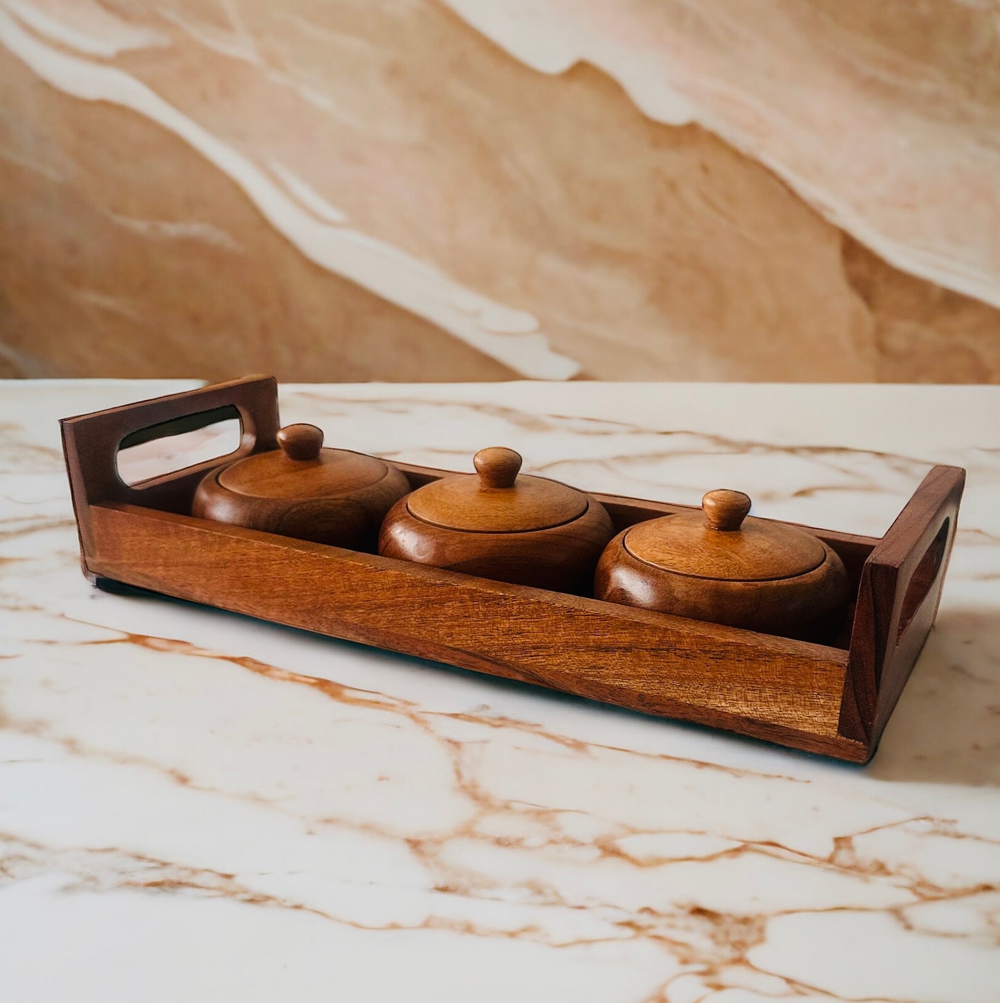 Acacia wood trio tray pot set