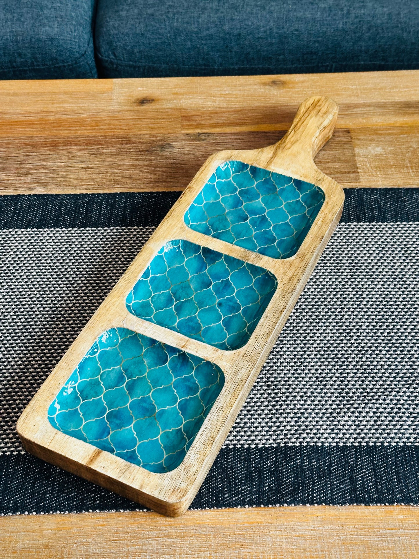 Meraki Turquoise Dream Mango Wood Three Part Platter - single
