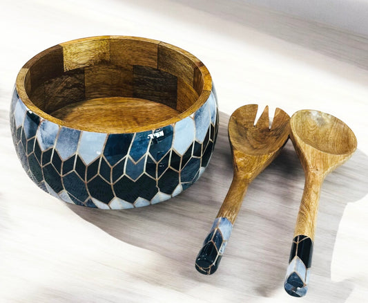 Meraki Contrast Geometric Elegance Mango Wood Salad bowl with 2 Servers