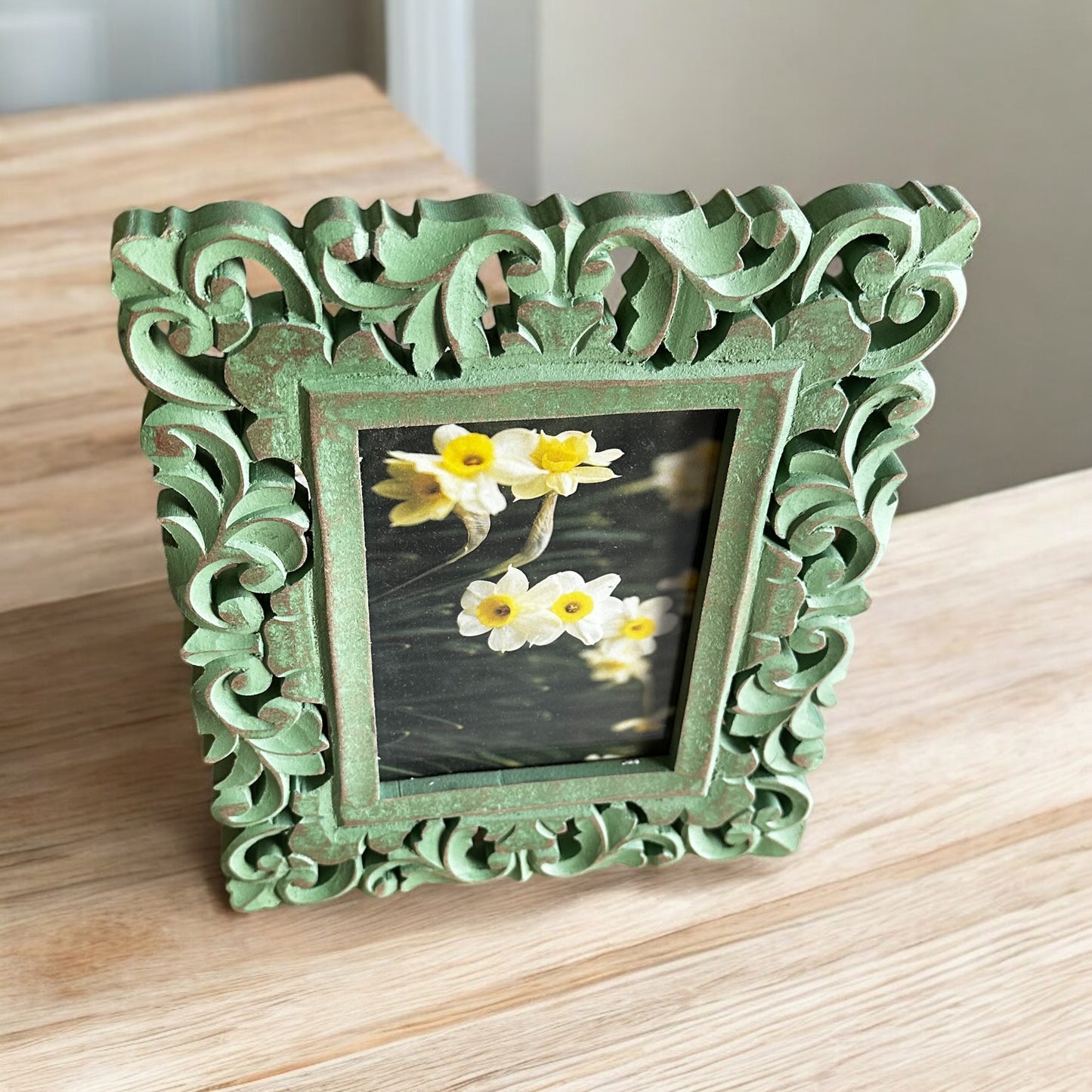 Verdant Memories Washed Green Antique Wooden Photo Frame - single
