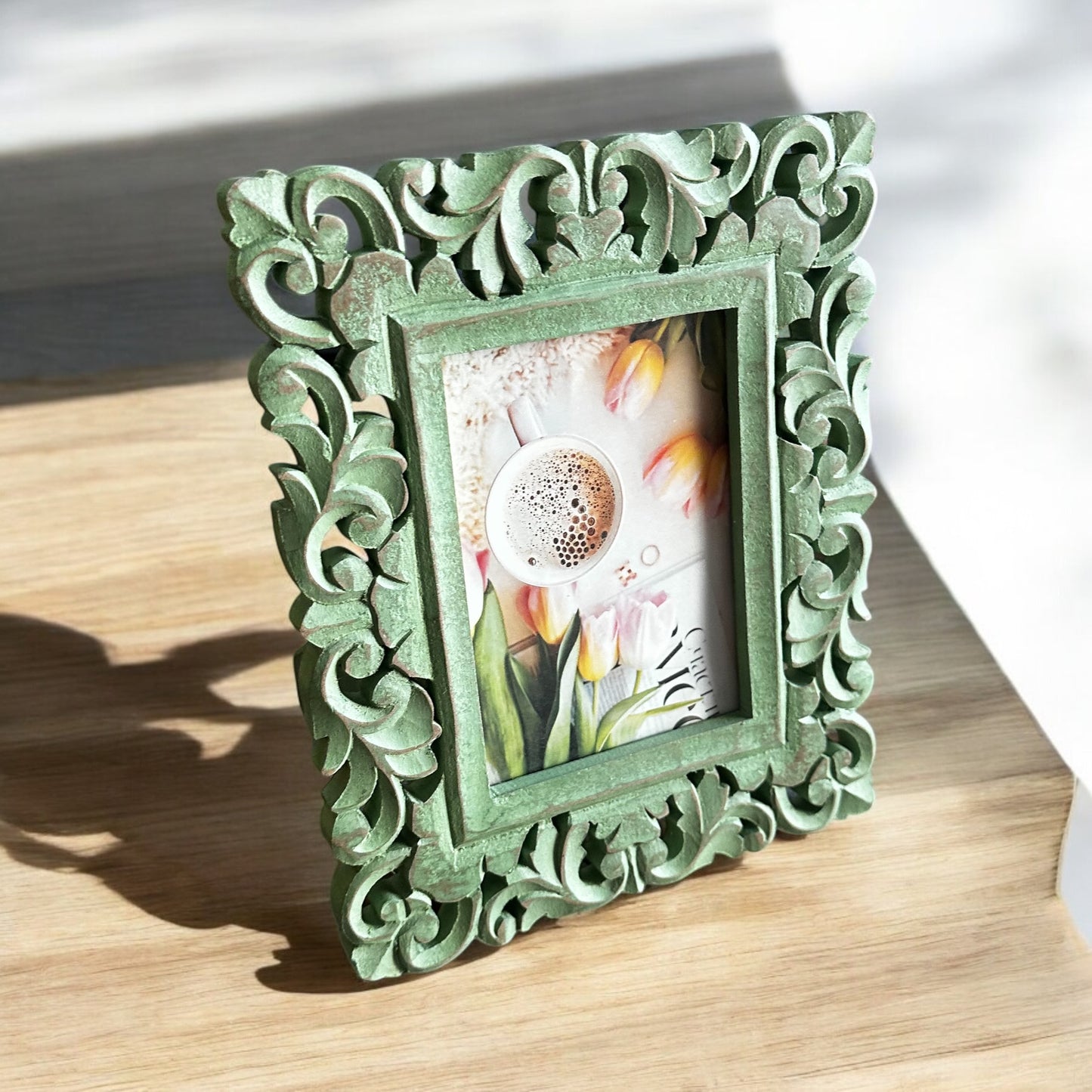 Verdant Memories Washed Green Antique Wooden Photo Frame - single