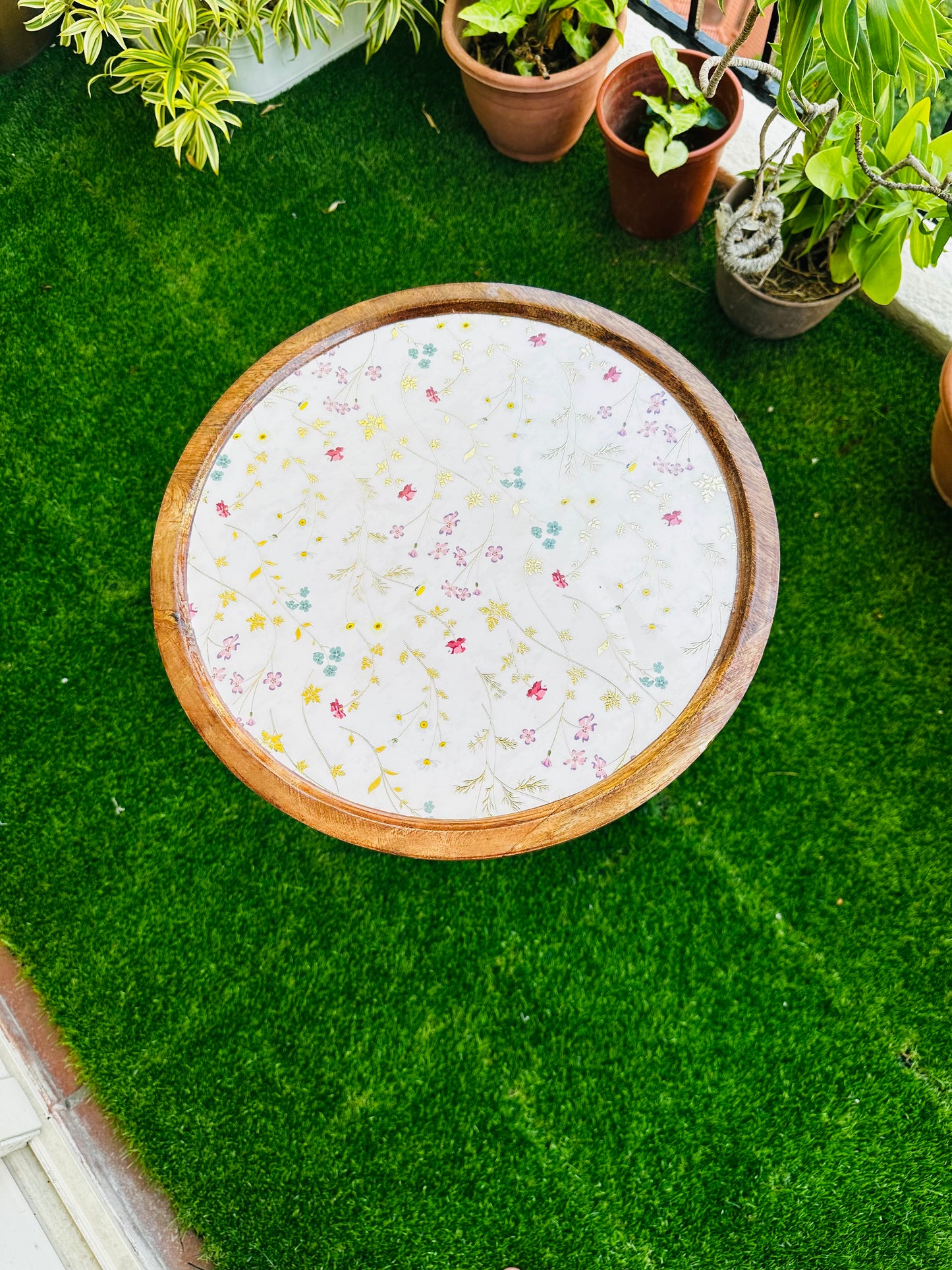 Acacia Wood Meraki Floral Enamel Blooms Detachable Legs Table - single