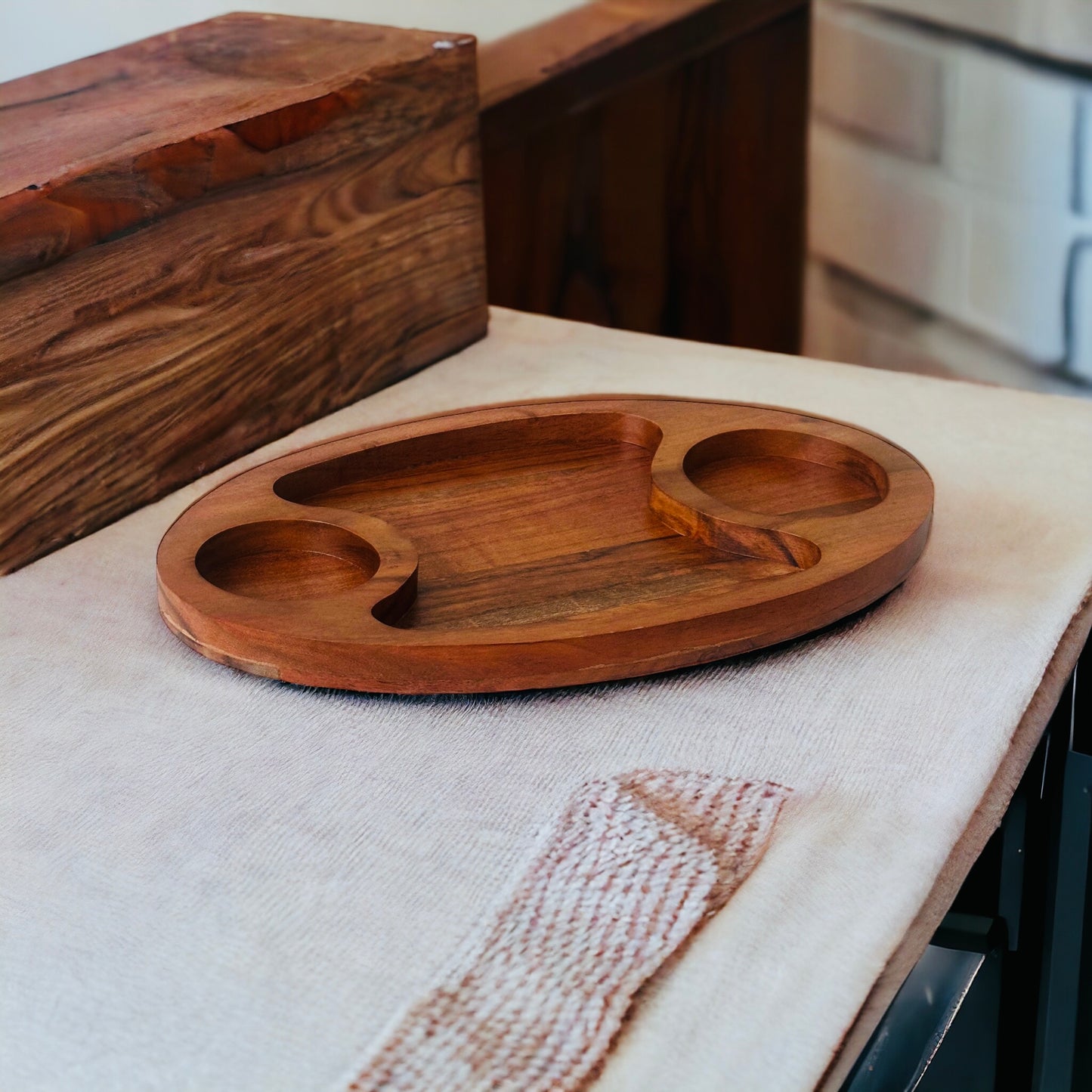 Acacia wood duo delight serving chip and dip platter - single