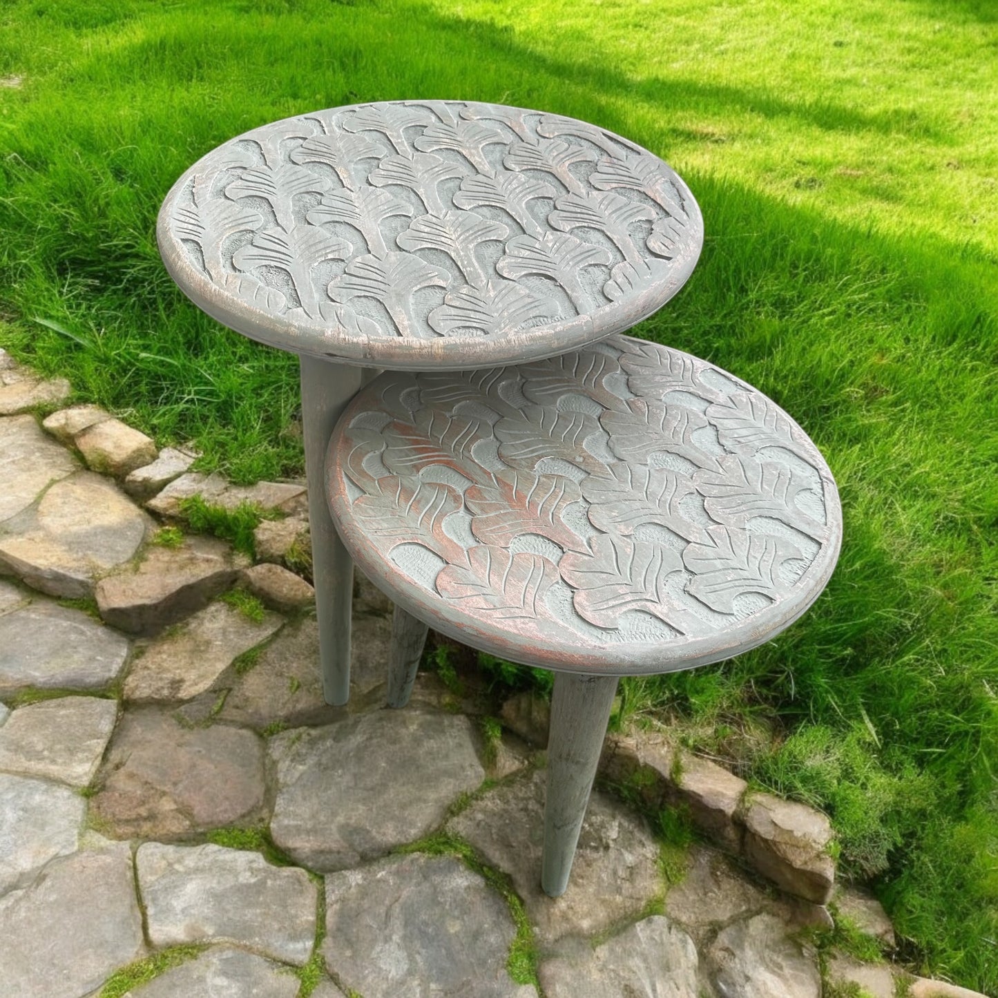 Antique Carved Grey Wooden Accent Table with Detachable Legs