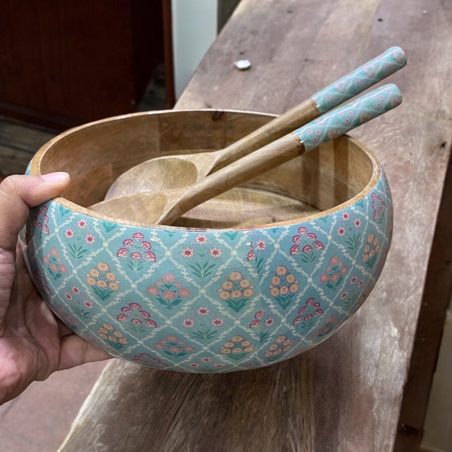 Meraki all-wood Botanical Bliss Salad Bowl With 2 Servers