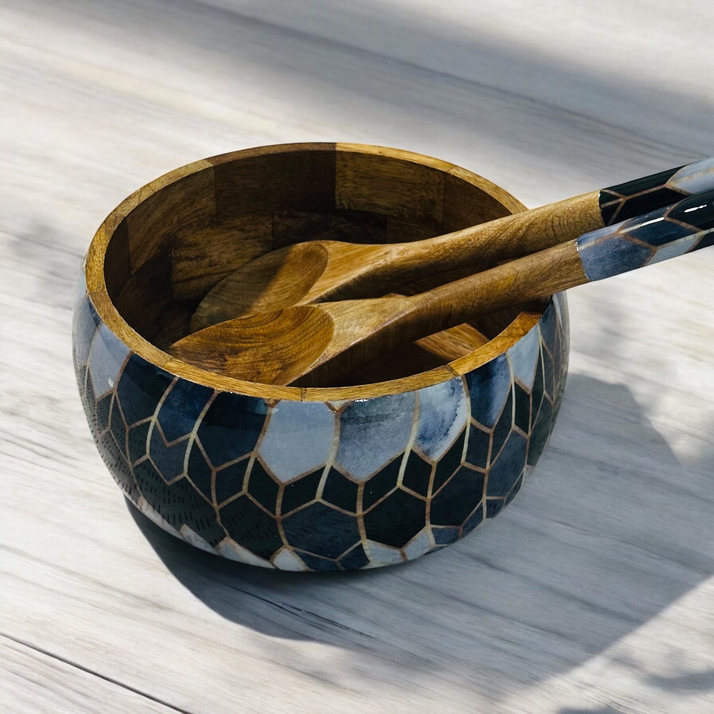 Meraki Contrast Geometric Elegance Mango Wood Salad bowl with 2 Servers