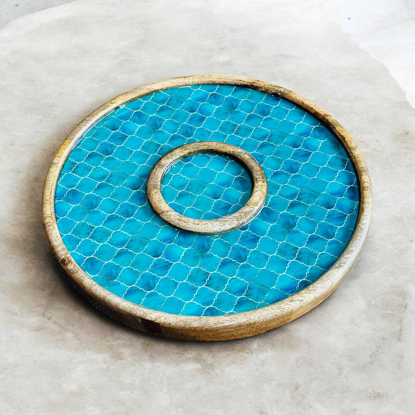 Meraki Turquoise Dream Mango Wood Round Dip Platter - single