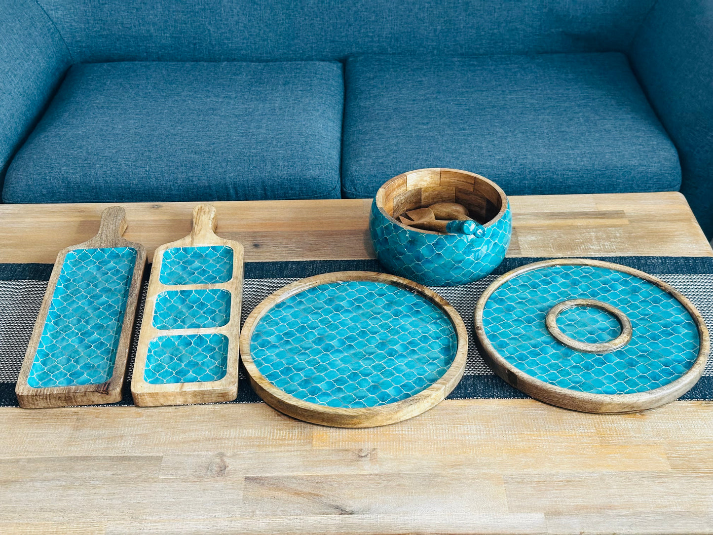 Meraki Turquoise Dream Mango Wood Three Part Platter - single