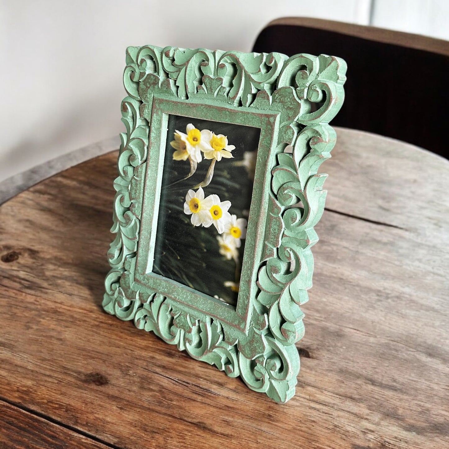 Verdant Memories Washed Green Antique Wooden Photo Frame - single
