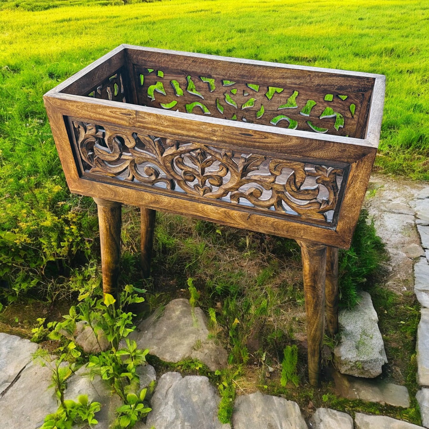 Heritage Bloom Long Mango Wood Planter Bar with Detachable Legs