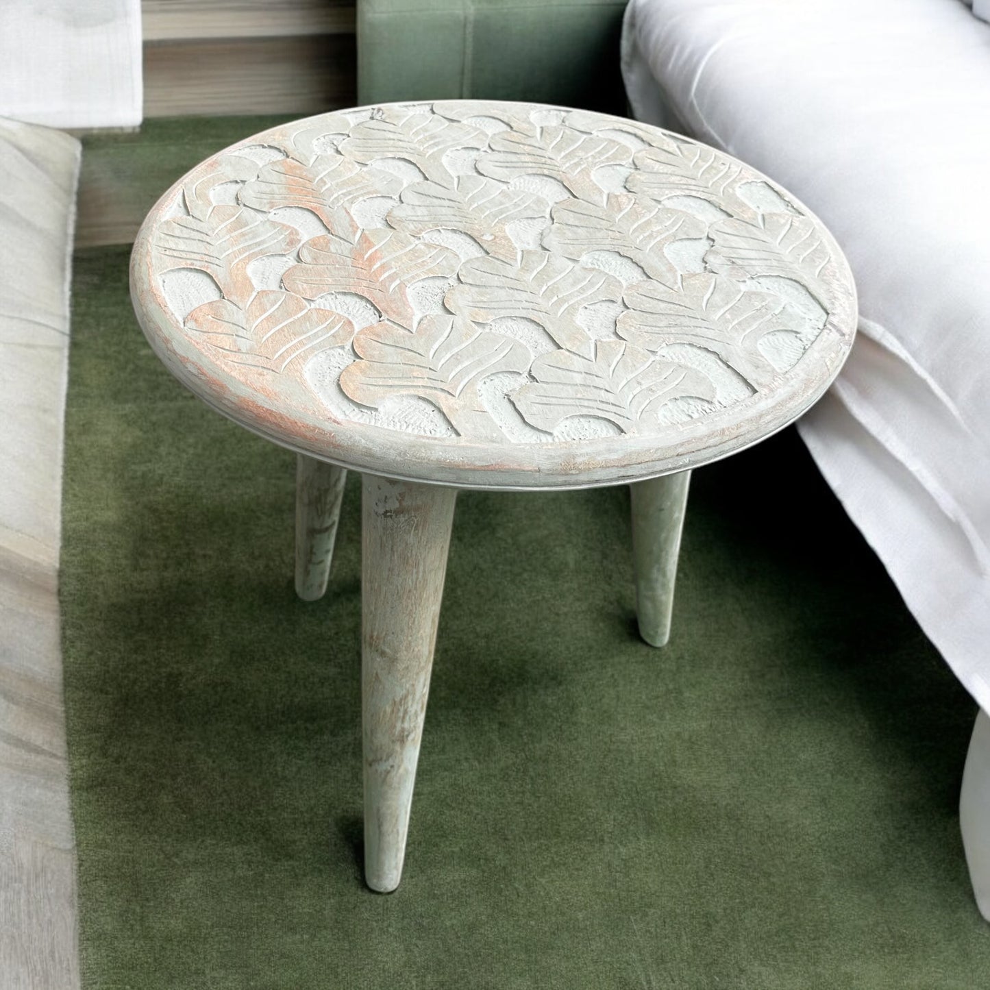 Antique Carved Mist Mango Wood Table with Detachable Legs