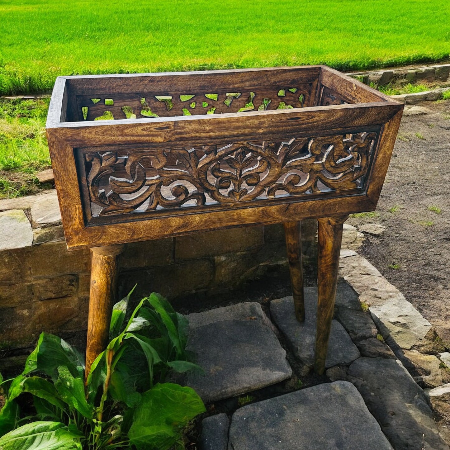 Heritage Bloom Long Mango Wood Planter Bar with Detachable Legs