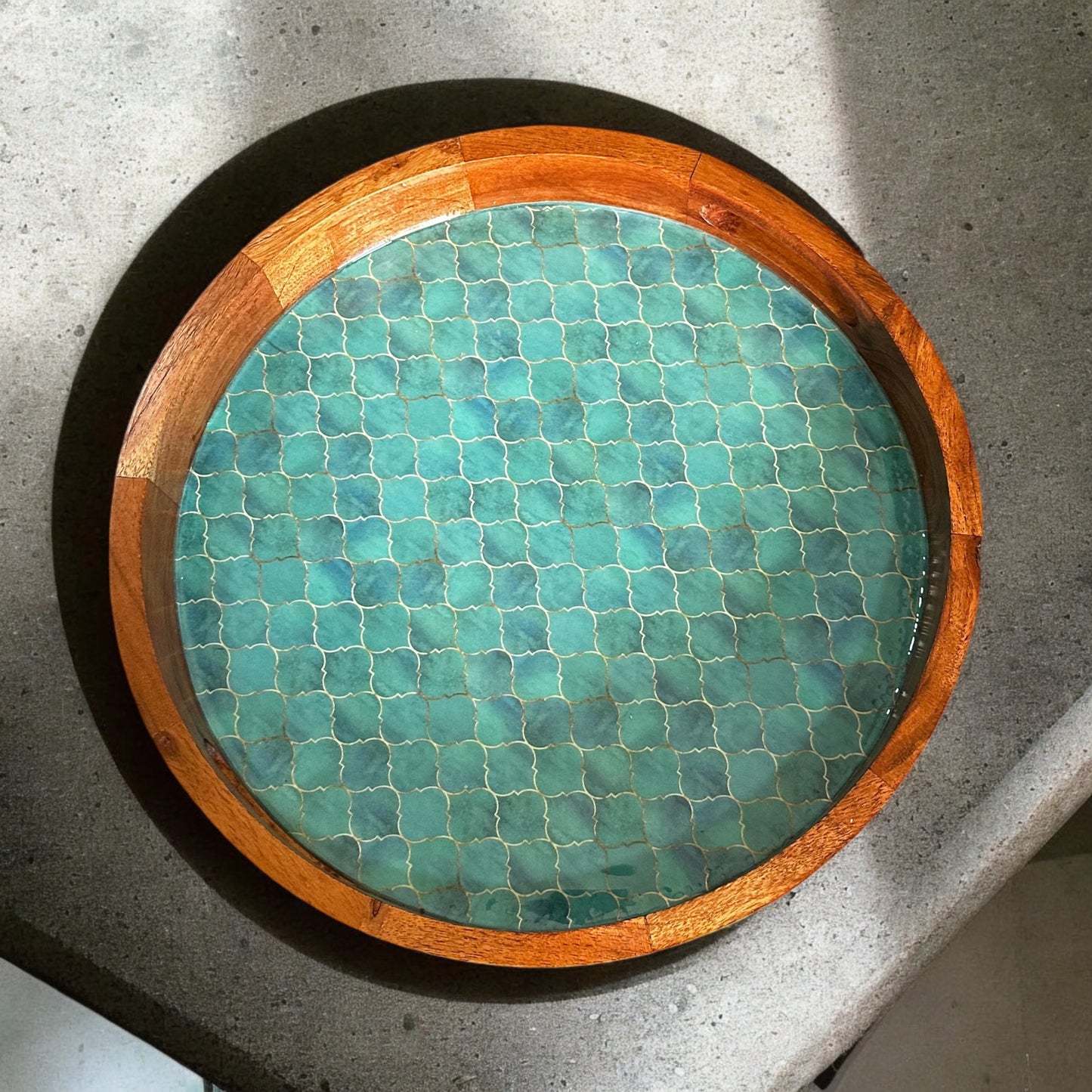 Turquoise Dream Round Acacia Wood Tray - single