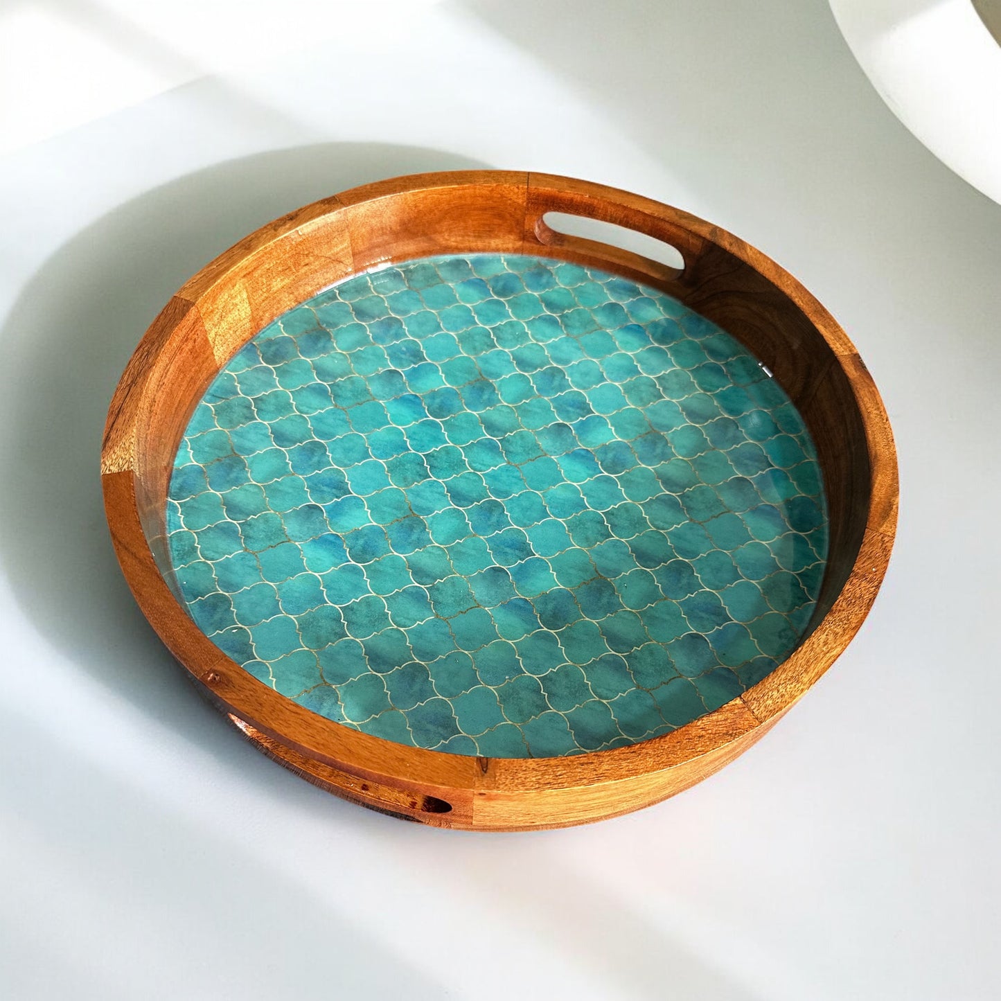 Turquoise Dream Round Acacia Wood Tray - single
