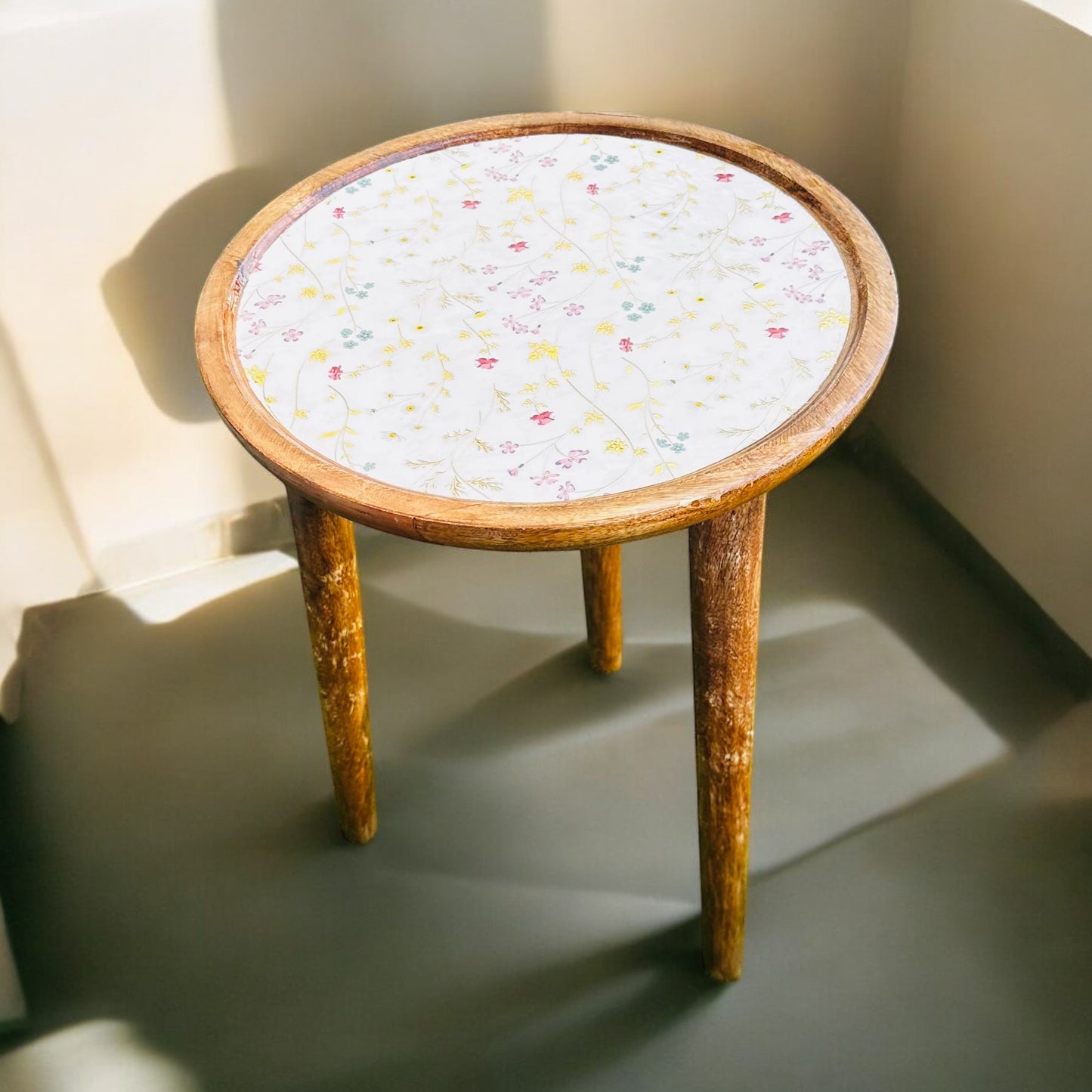Acacia Wood Meraki Floral Enamel Blooms Detachable Legs Table - single