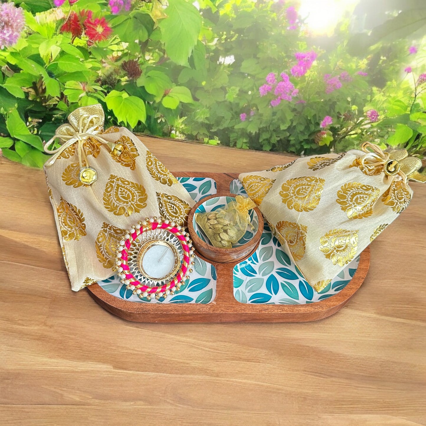 Festival Gift Hamper 1 : Wooden dual side leaves platter with festive goodies including normal delivery