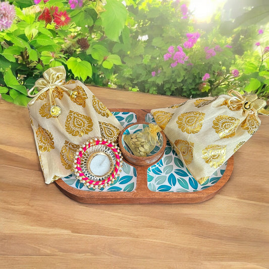 Festival Gift Hamper 1 : Wooden dual side leaves platter with festive goodies including normal delivery