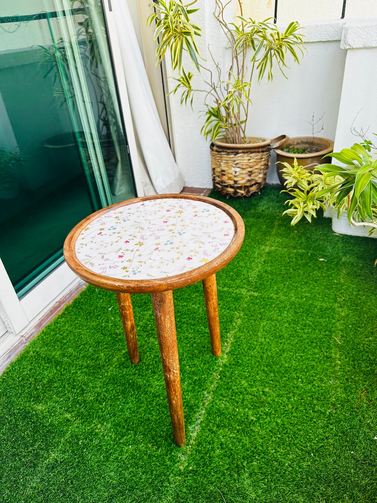Acacia Wood Meraki Floral Enamel Blooms Detachable Legs Table - single
