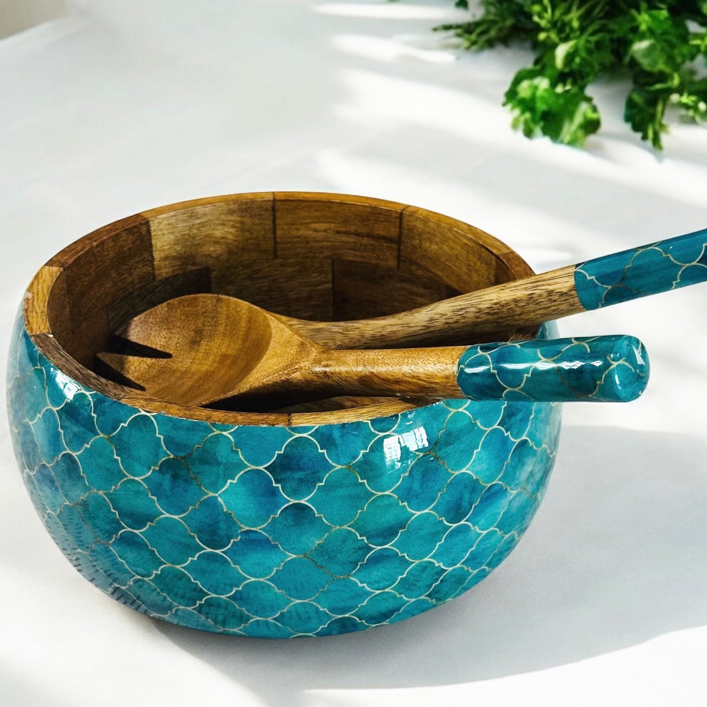 Meraki Turquoise Dream Mango Wood Salad bowl with 2 Servers