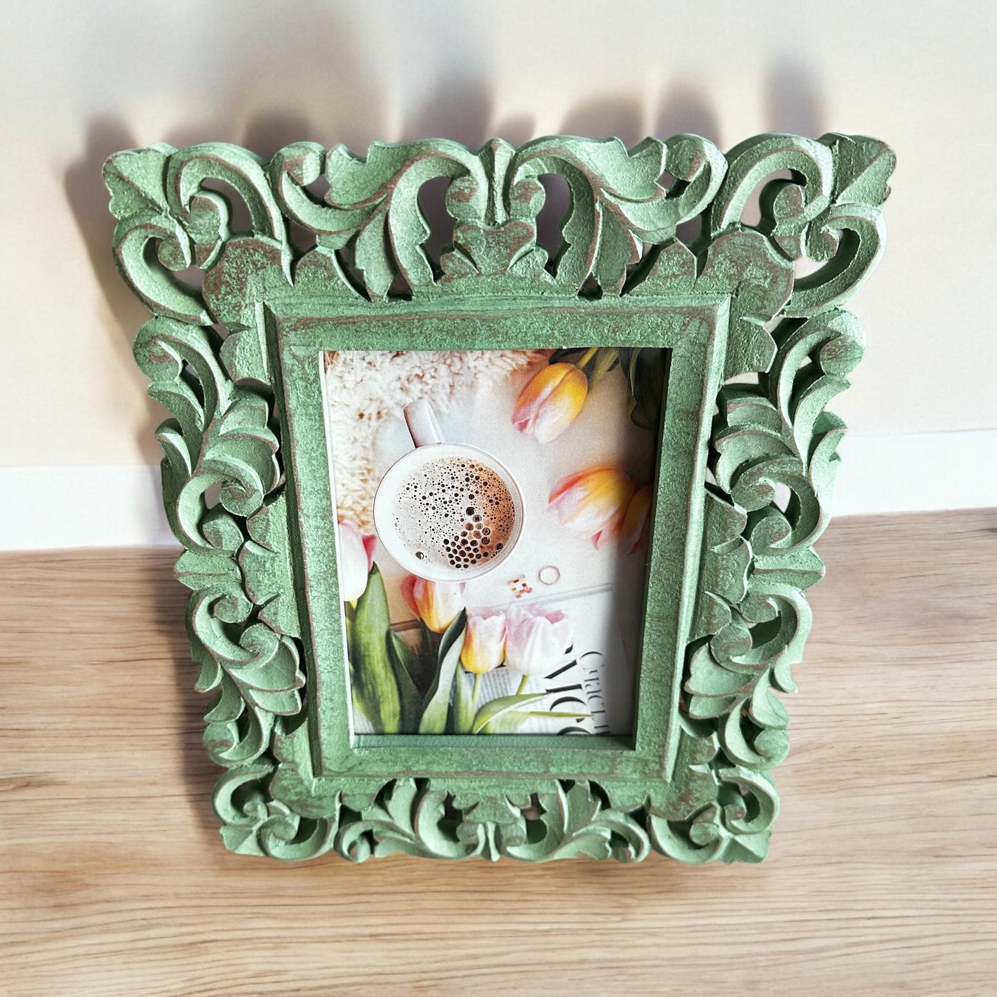 Verdant Memories Washed Green Antique Wooden Photo Frame - single