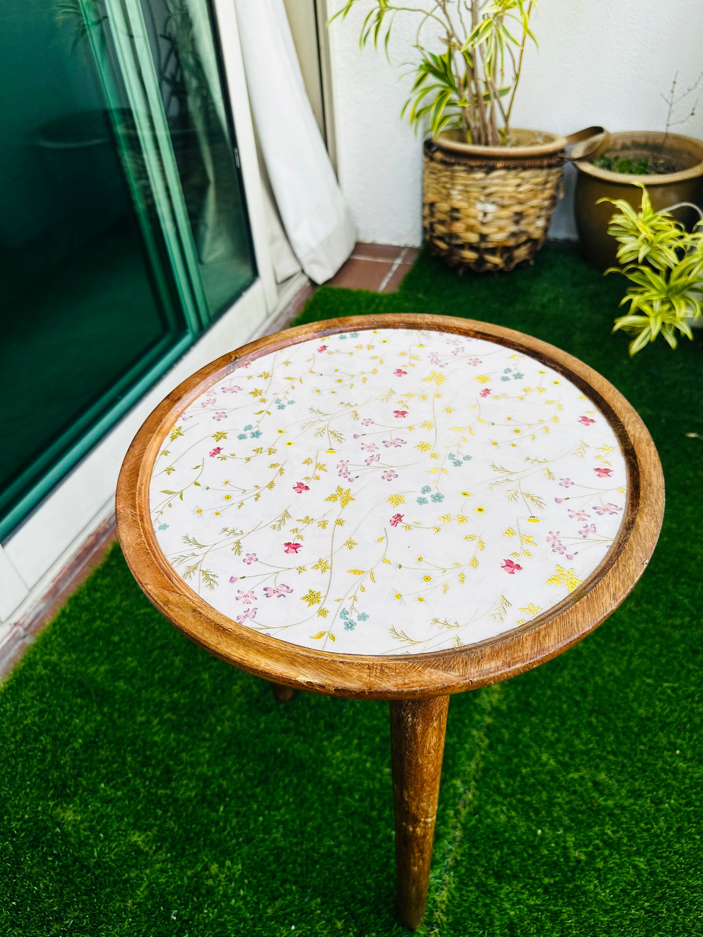 Acacia Wood Meraki Floral Enamel Blooms Detachable Legs Table - single