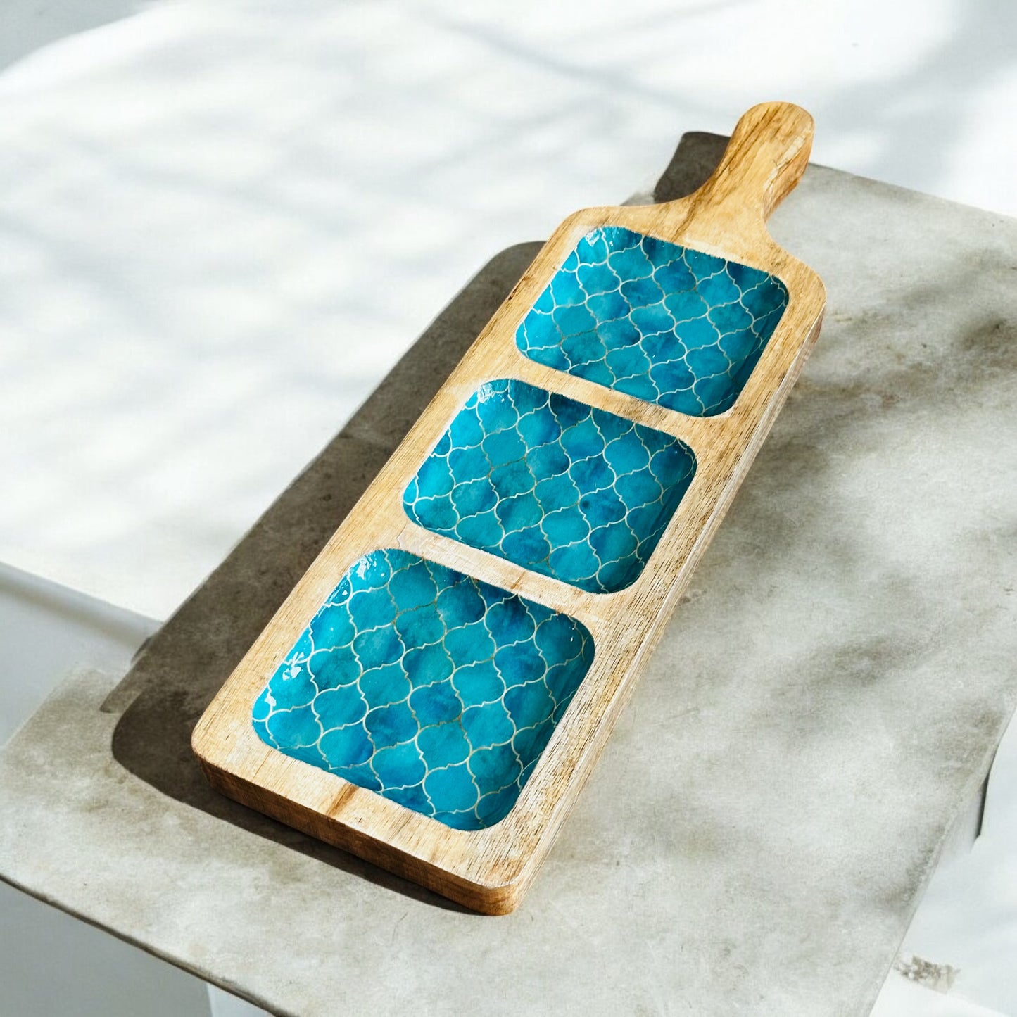 Meraki Turquoise Dream Mango Wood Three Part Platter - single