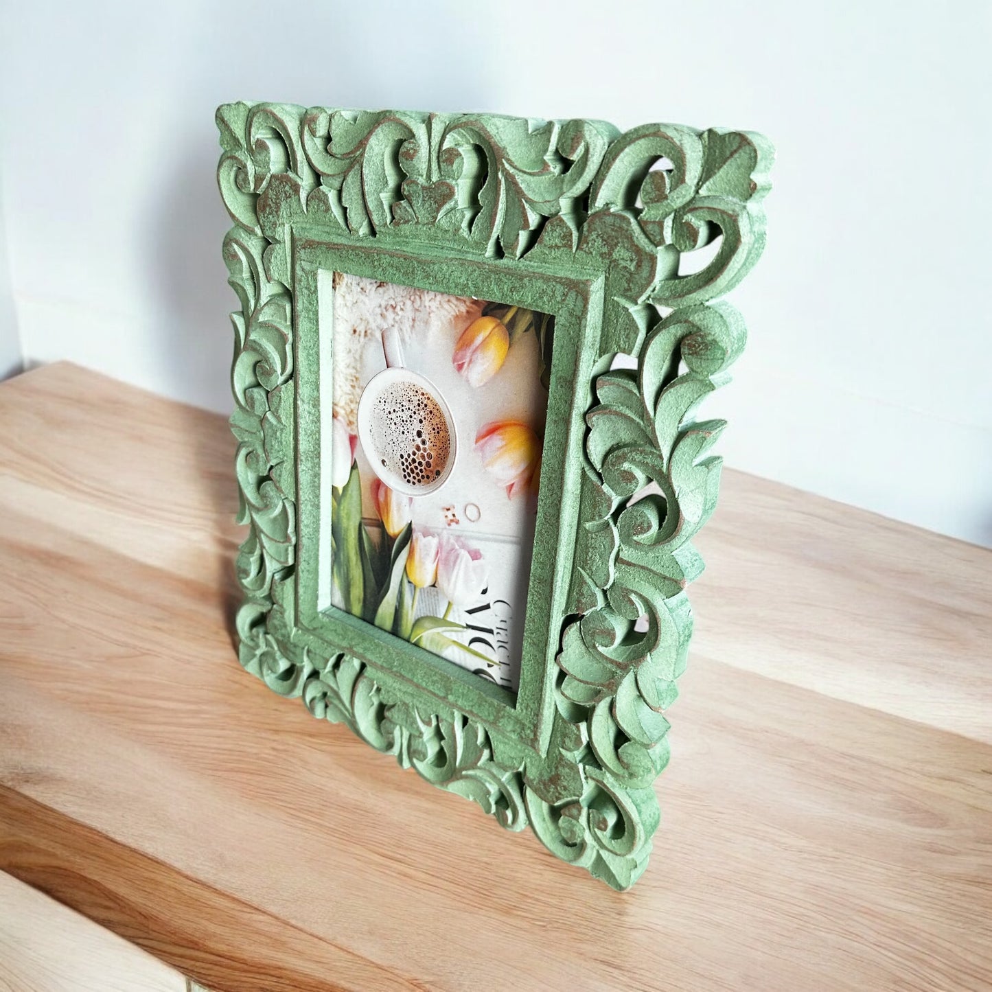 Verdant Memories Washed Green Antique Wooden Photo Frame - single