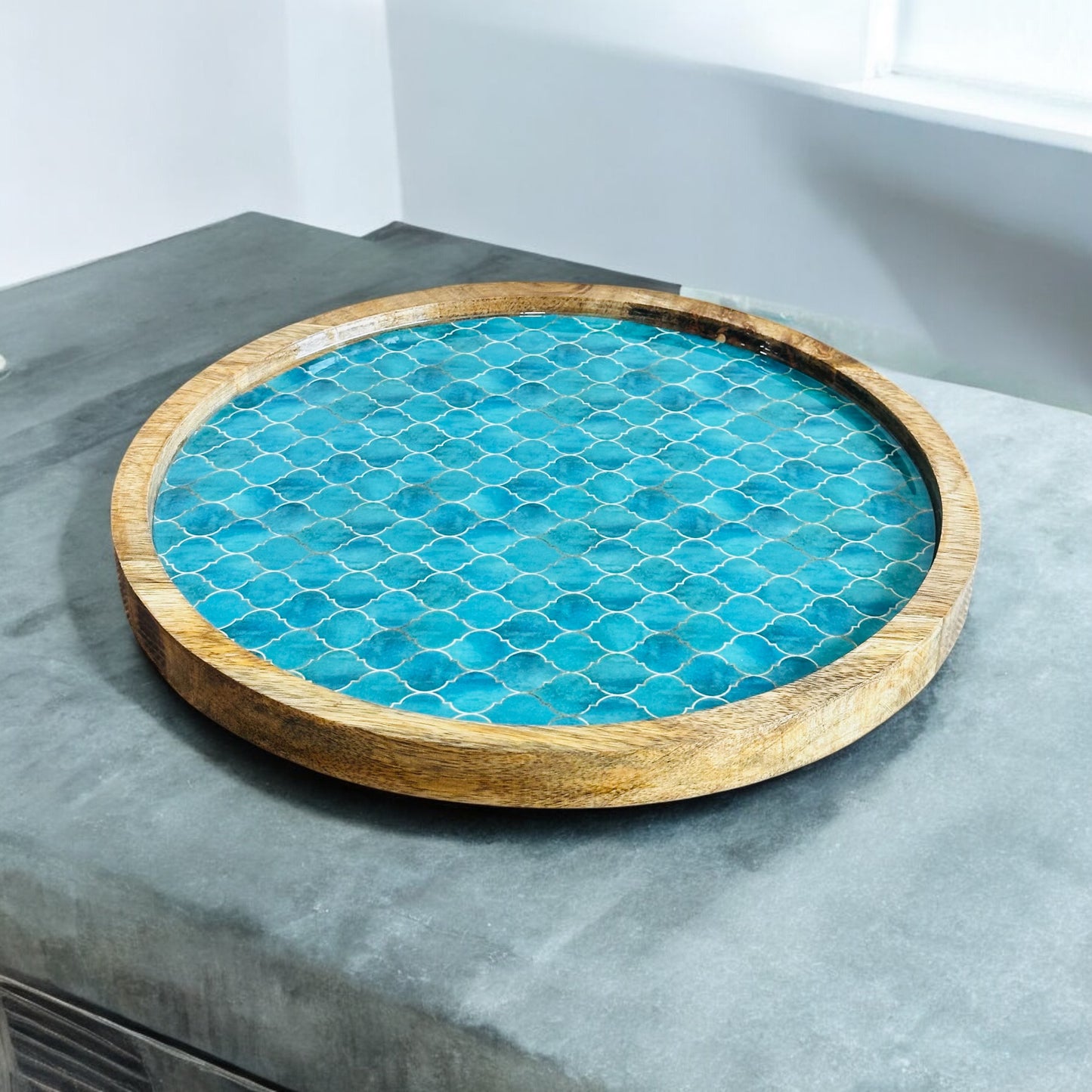 Meraki Turquoise Dream Mango Wood Round Platter - single