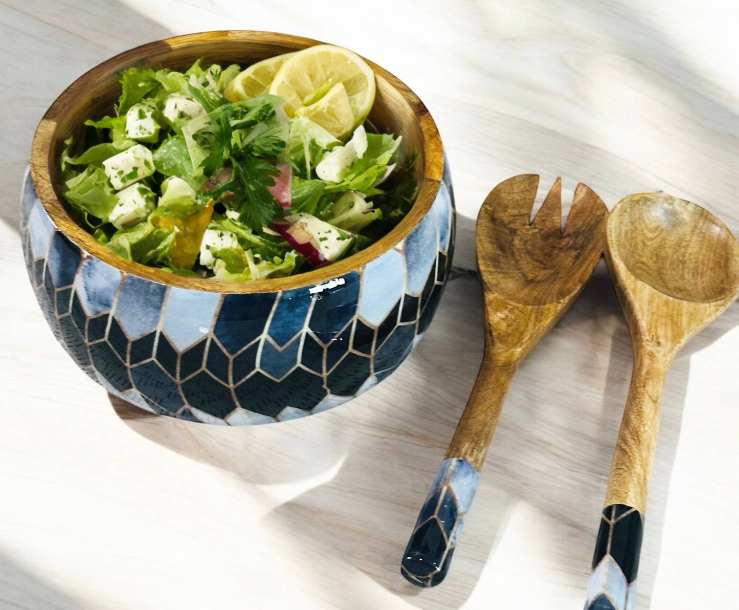 Meraki Contrast Geometric Elegance Mango Wood Salad bowl with 2 Servers