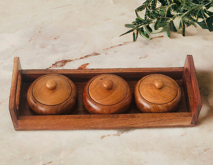 Acacia wood trio tray pot set