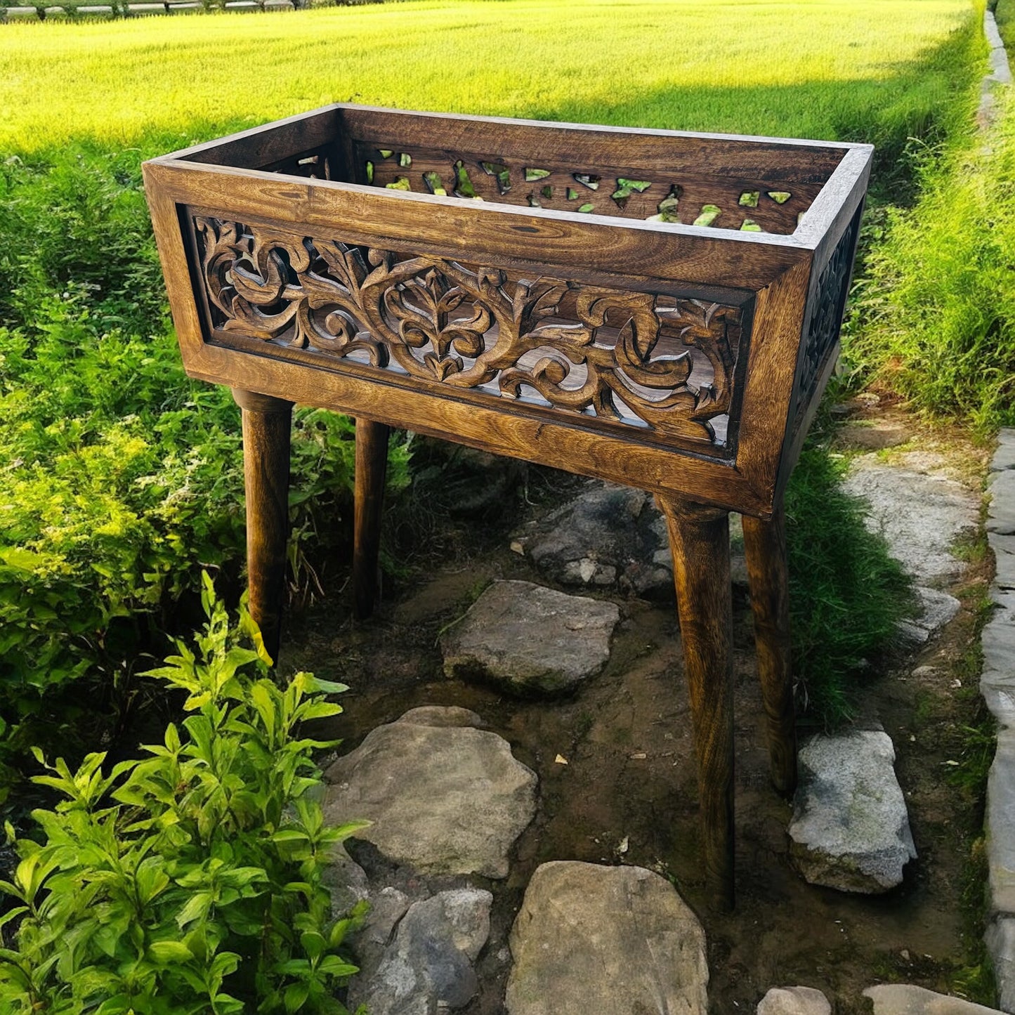 Heritage Bloom Long Mango Wood Planter Bar with Detachable Legs