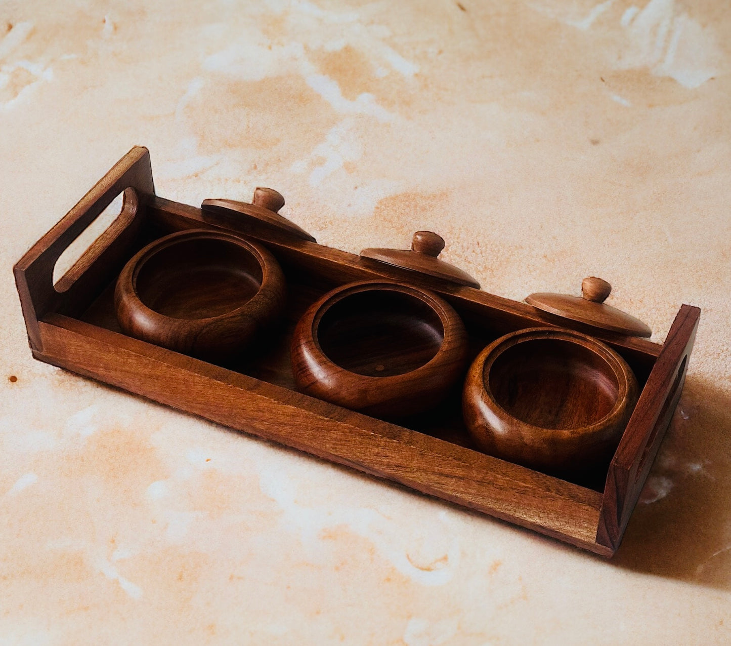 Acacia wood trio tray pot set