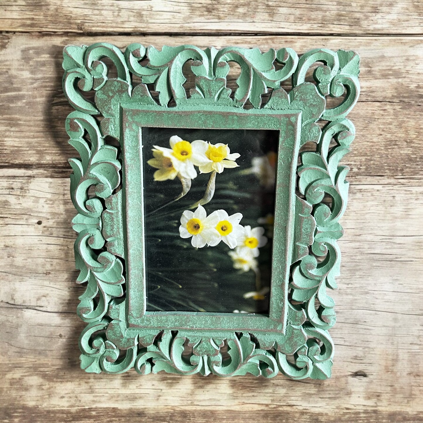 Verdant Memories Washed Green Antique Wooden Photo Frame - single