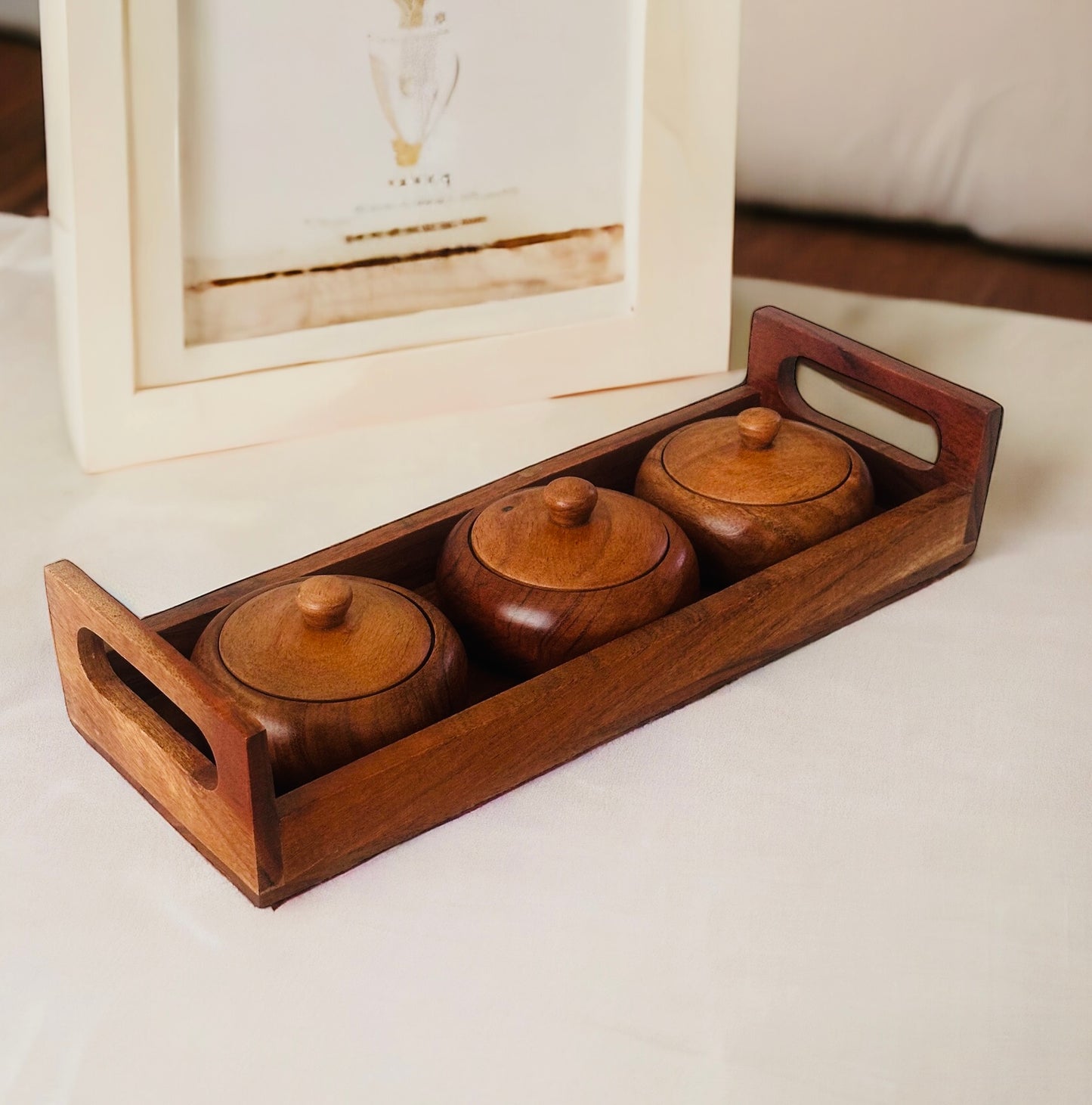 Acacia wood trio tray pot set