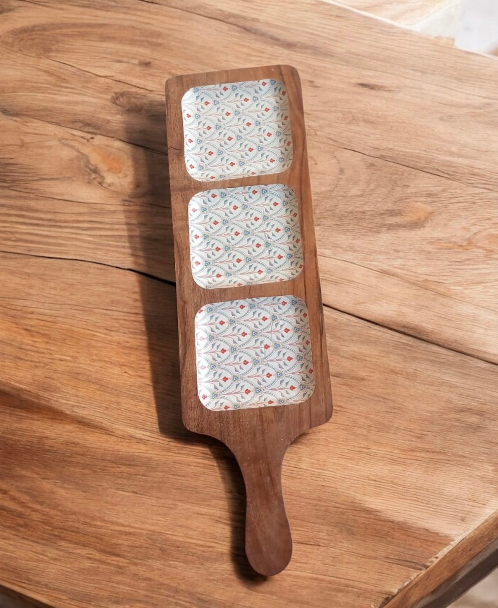 Meraki Scarlet Blossom Three Part Acacia Wood Platter - single