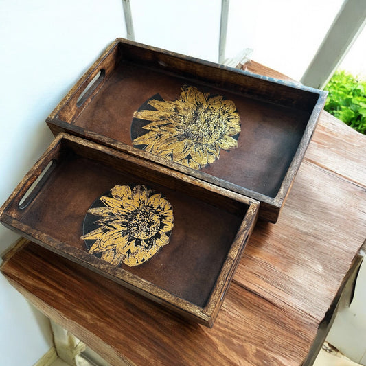 Mango Wood Bloom of Gold Rectangular Tray