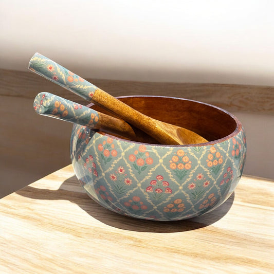 Meraki Botanical Bliss Mango Wood Salad bowl with Servers