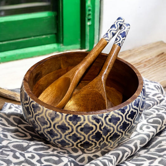 Meraki Faded Grey Aura Mango Wood Salad bowl with Servers