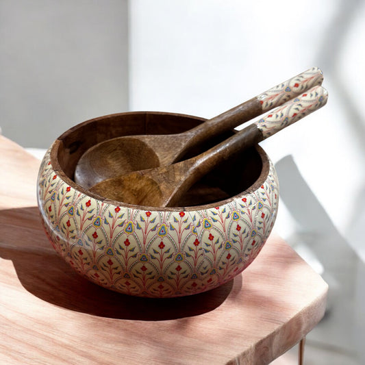 Meraki Scarlet Blossom Mango Wood Salad bowl with Two Servers