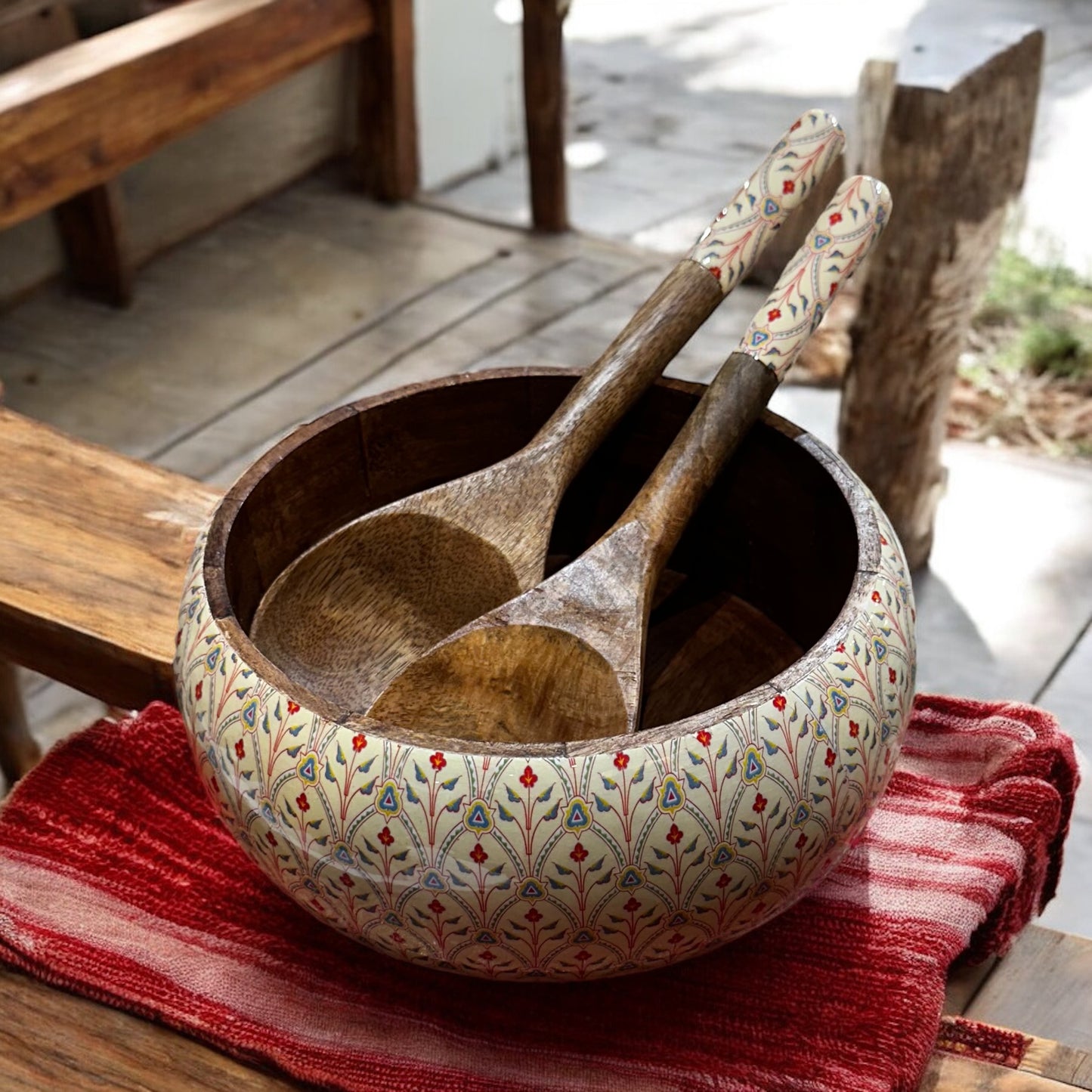 Meraki Scarlet Blossom Mango Wood Salad bowl with Two Servers