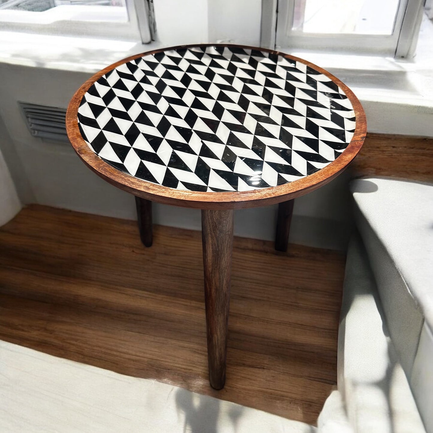 Mango Wood Accent Table Black and White Lineara Enamel Detachable Legs Table - single