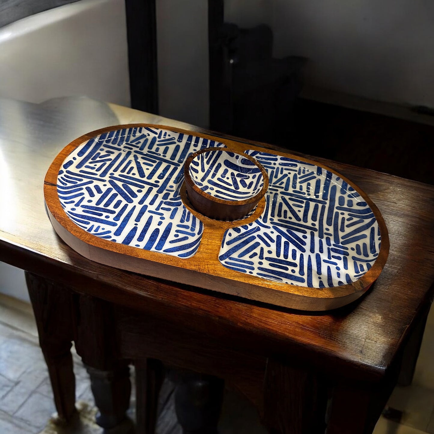 Meraki Blue Meridian Dual Side Acacia Wood Chip and Dip Platter - single