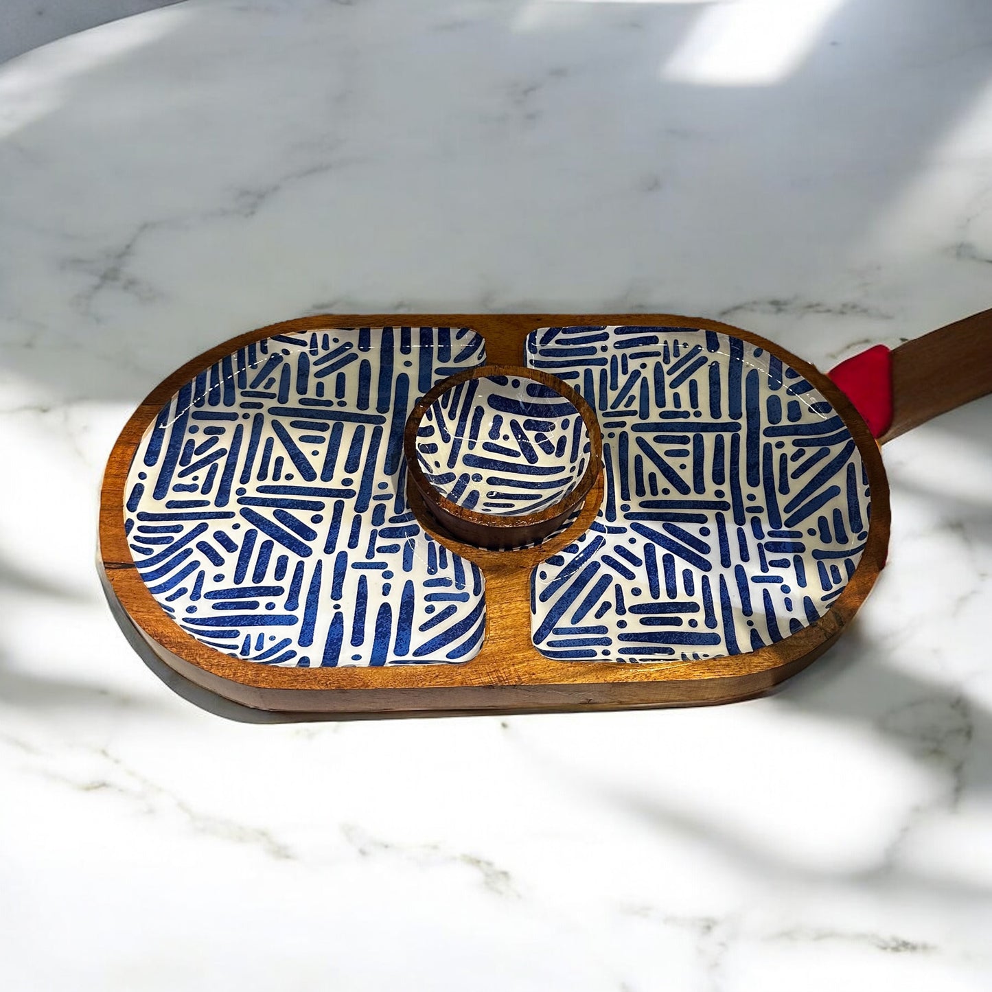 Meraki Blue Meridian Dual Side Acacia Wood Chip and Dip Platter - single