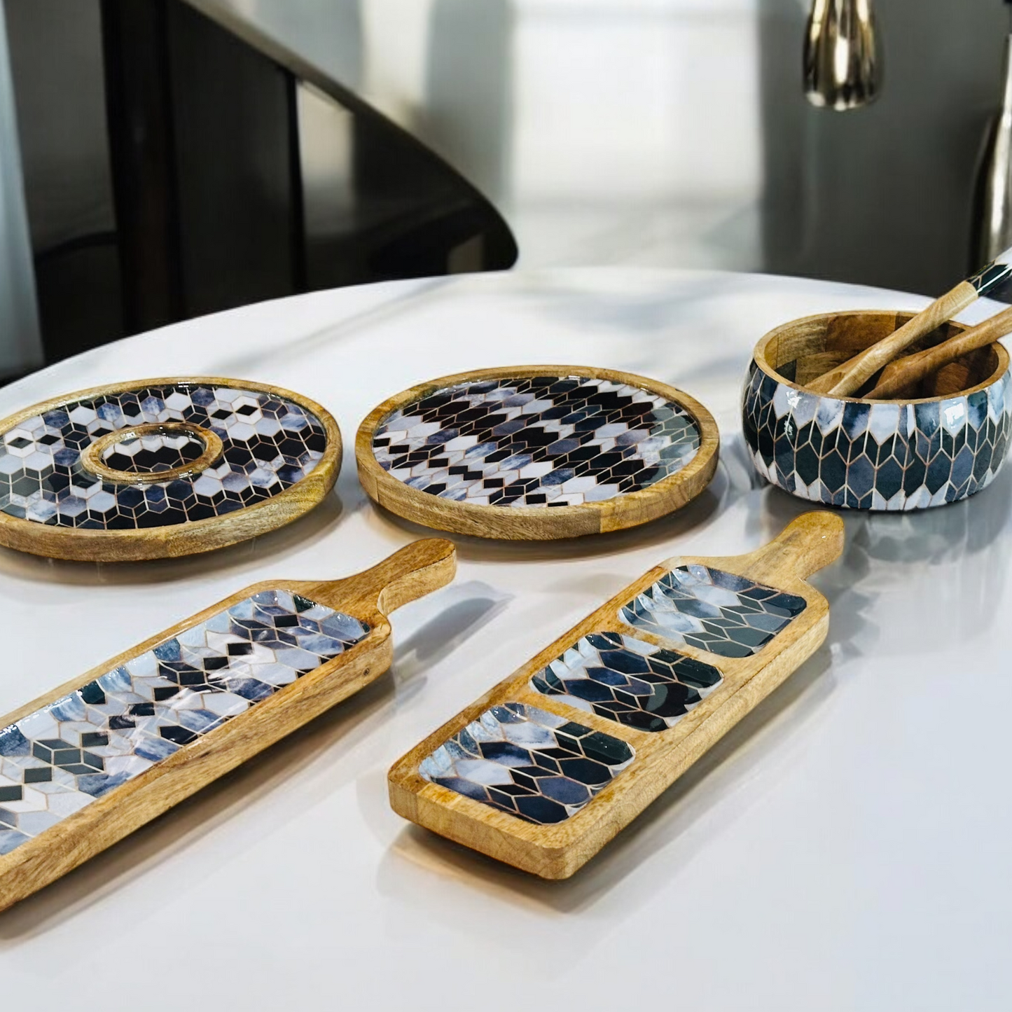 Meraki Contrast Geometric Elegance Mango Wood Long Platter - single