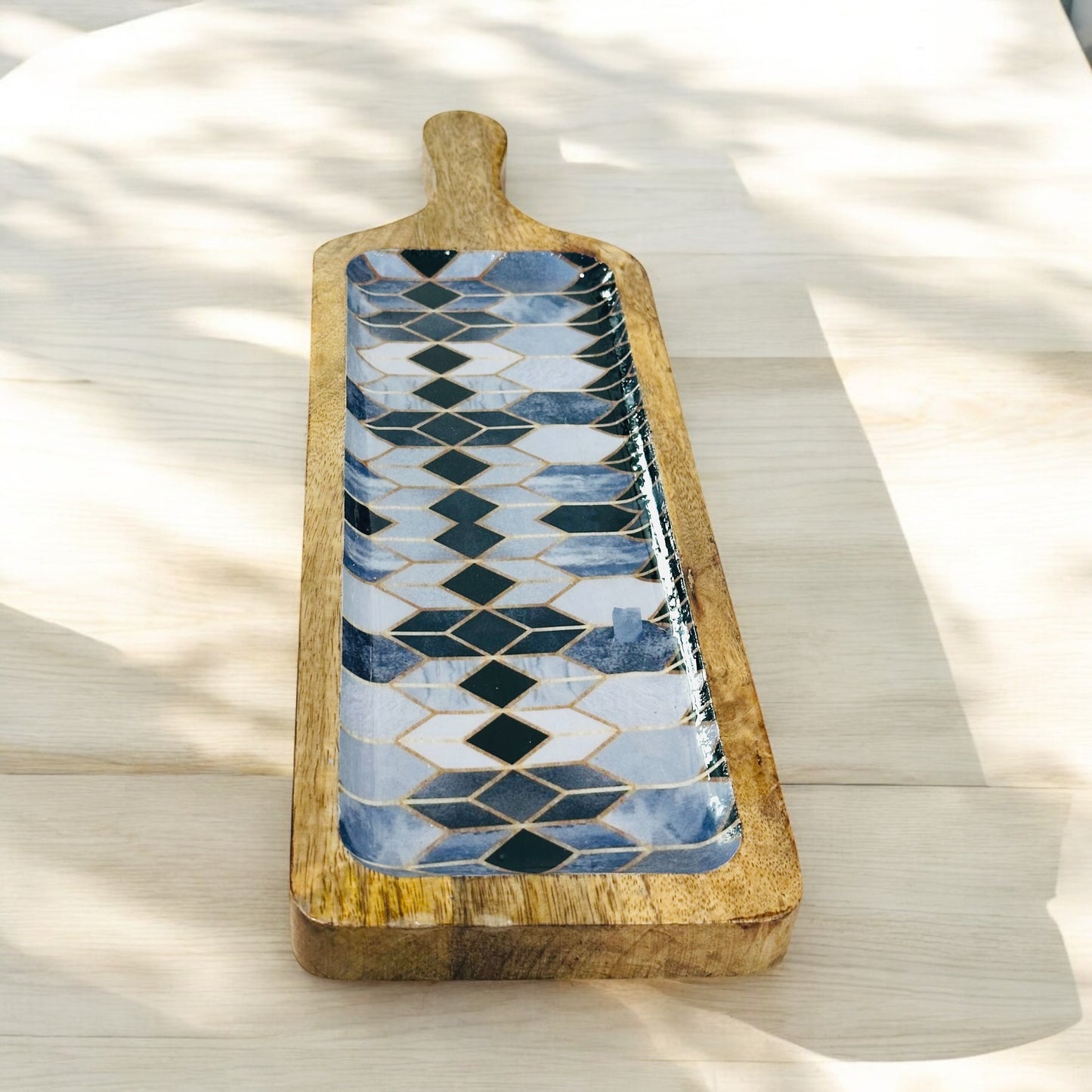 Meraki Contrast Geometric Elegance Mango Wood Long Platter - single